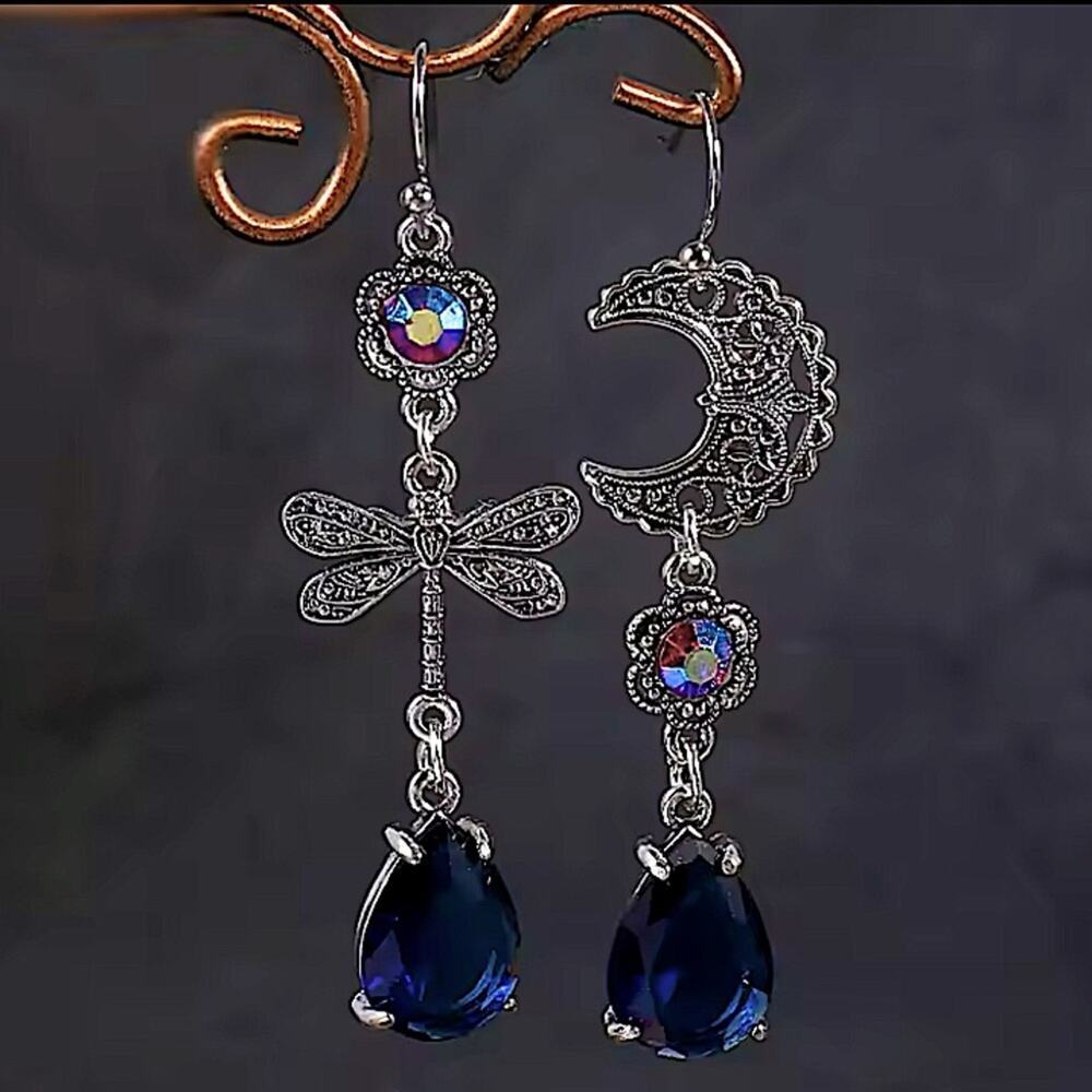 Sapphire Carved Moon Dragonfly Blue Zircon Asymmetric Earrings Women Girls Gift